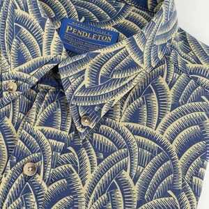 Pendleton Vintage Shirt Men's L Tan Blue Tropical Print Short Sleeve Cotton USA
